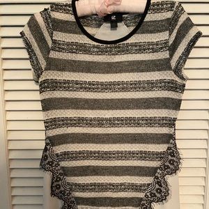 Black and White Knit Front Blouse with Lace Detail